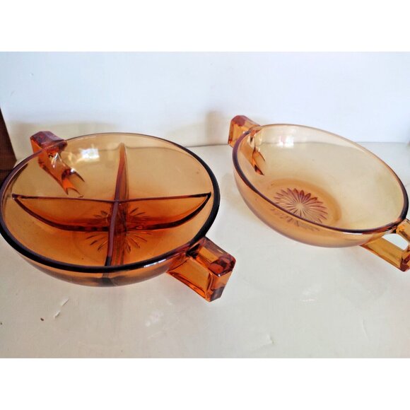Vintage Amber Depression Glass Candy, Nut, Condiment Bowl set with End Handles - Picture 2 of 15